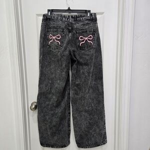 Disclosure Womens Black Acid Wash Wide Leg Jeans Pink Bows Size 9/29